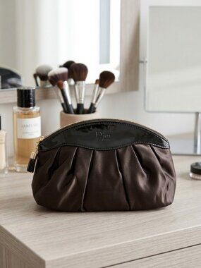 Dior Parfume Black Satin Makeup Toiletry Cosmetic Top Zip Closure Bag